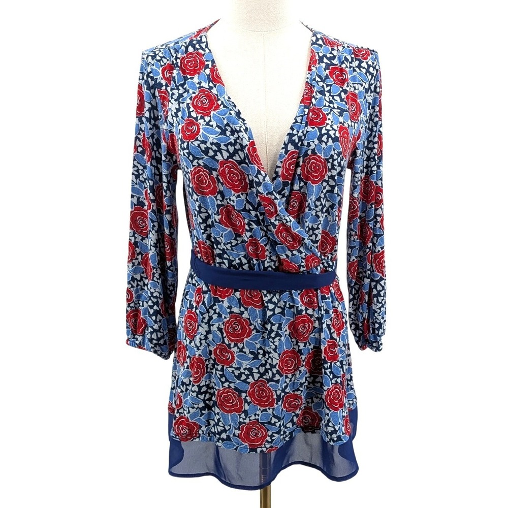 ModCloth Floral Wrap Tunic Womens M Blue Red Rose Belted Long Sleeve Romantic